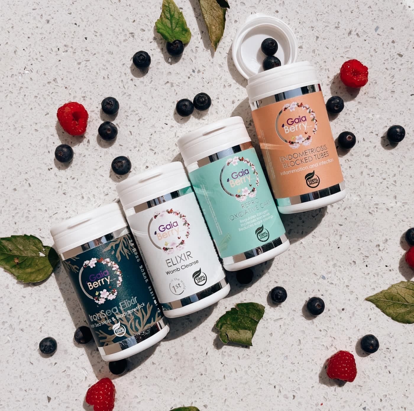 GaiaBerry herbal remedies arranged with botanicals