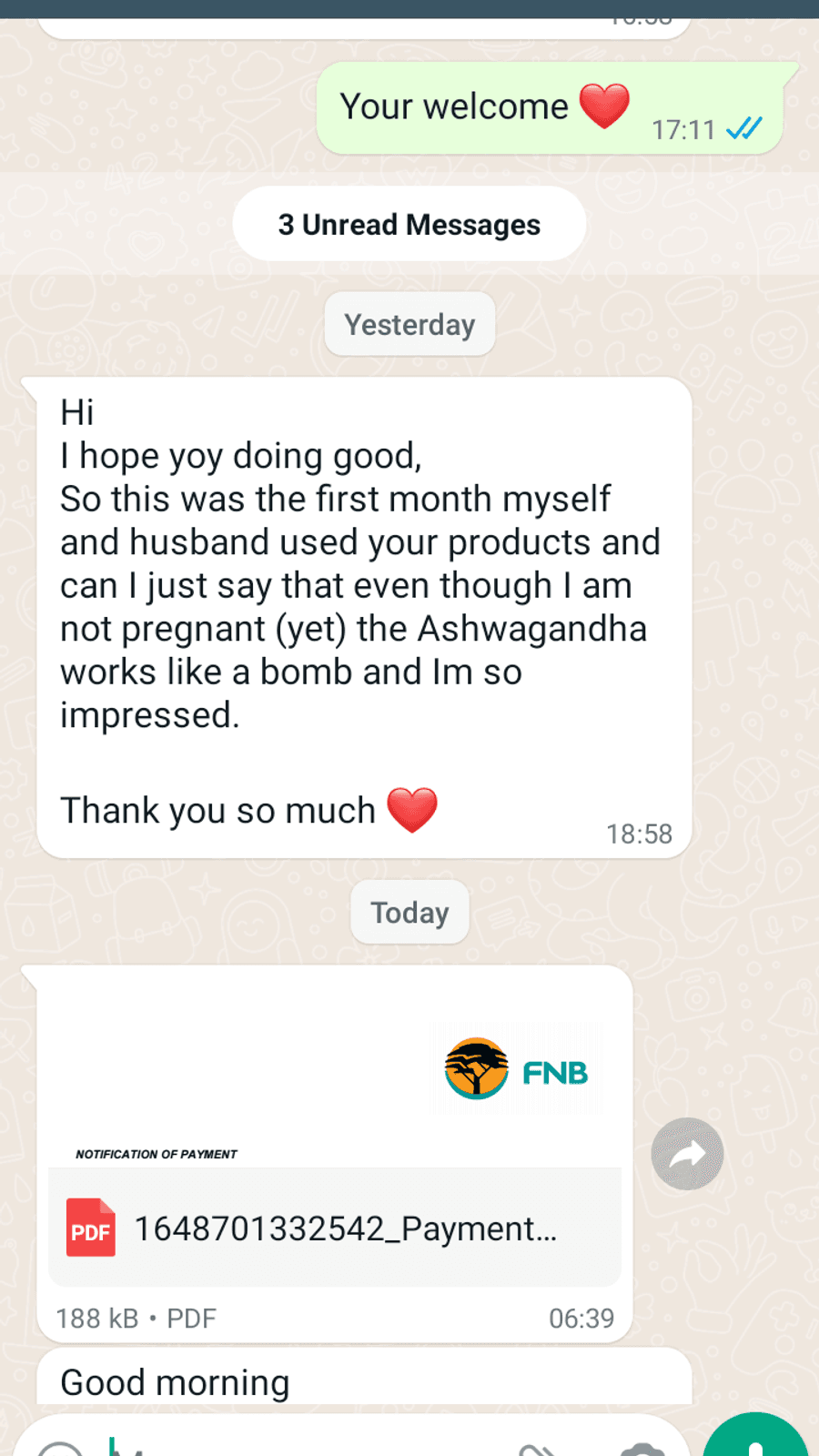 WhatsApp testimonial from a GaiaBerry customer (4)