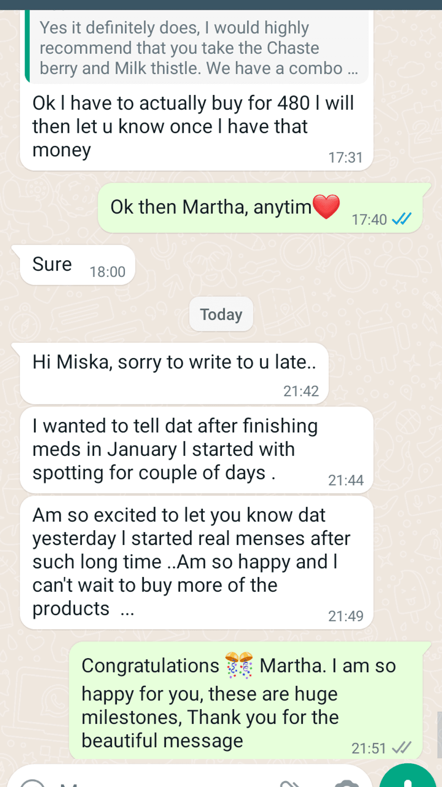 WhatsApp testimonial from a GaiaBerry customer (25)