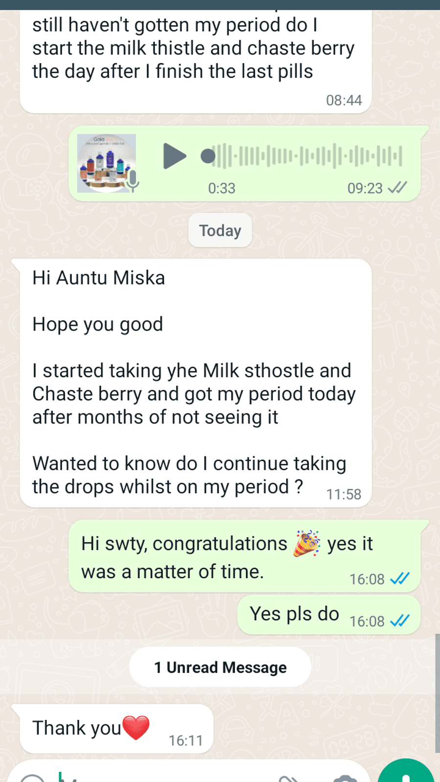 WhatsApp testimonial from a GaiaBerry customer (14)