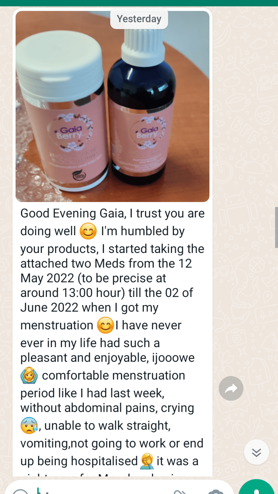 WhatsApp testimonial from a GaiaBerry customer (32)