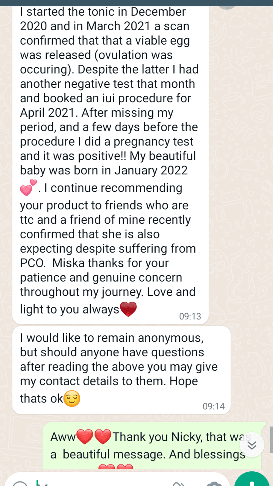 WhatsApp testimonial from a GaiaBerry customer (28)
