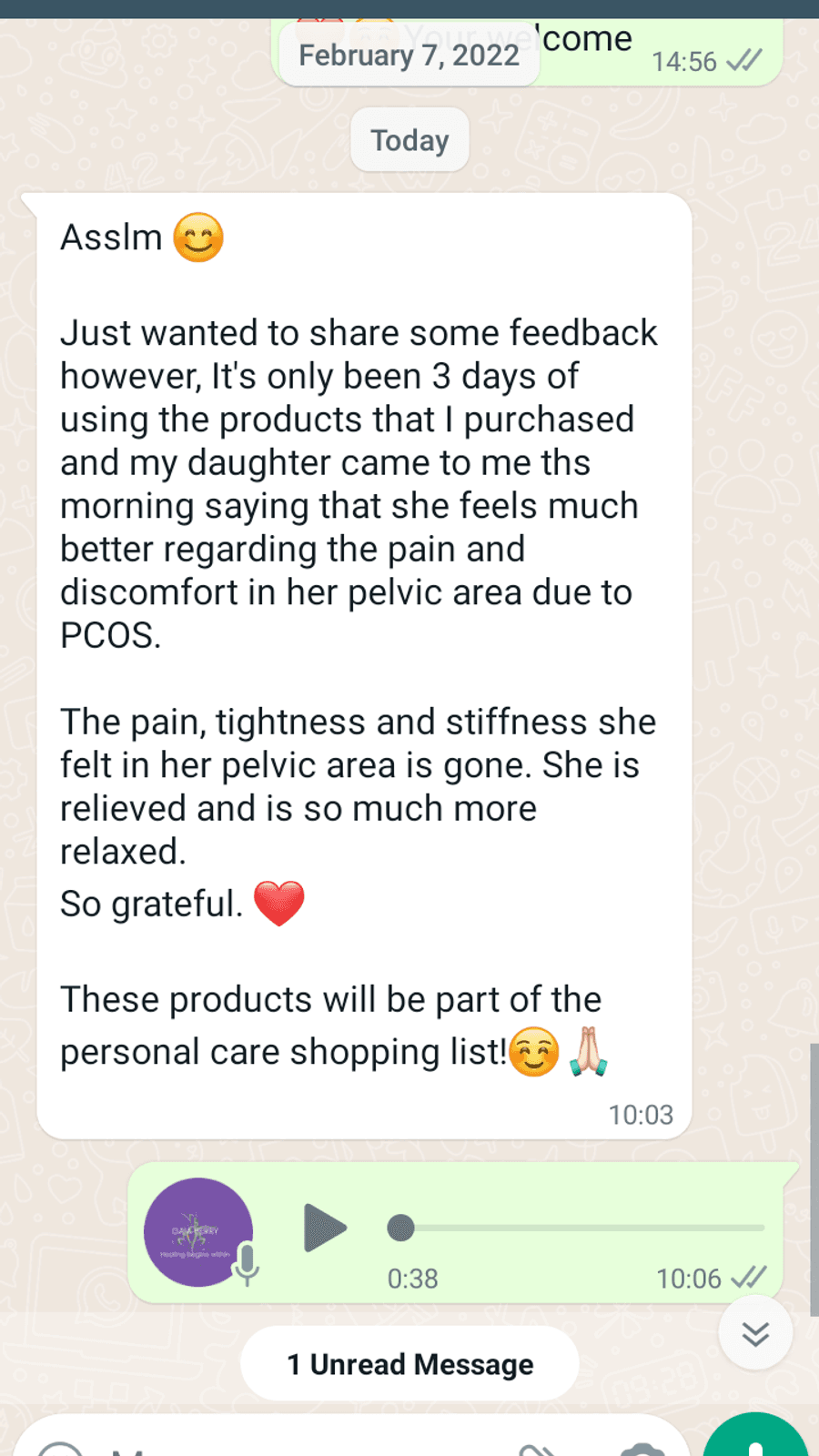 WhatsApp testimonial from a GaiaBerry customer (29)
