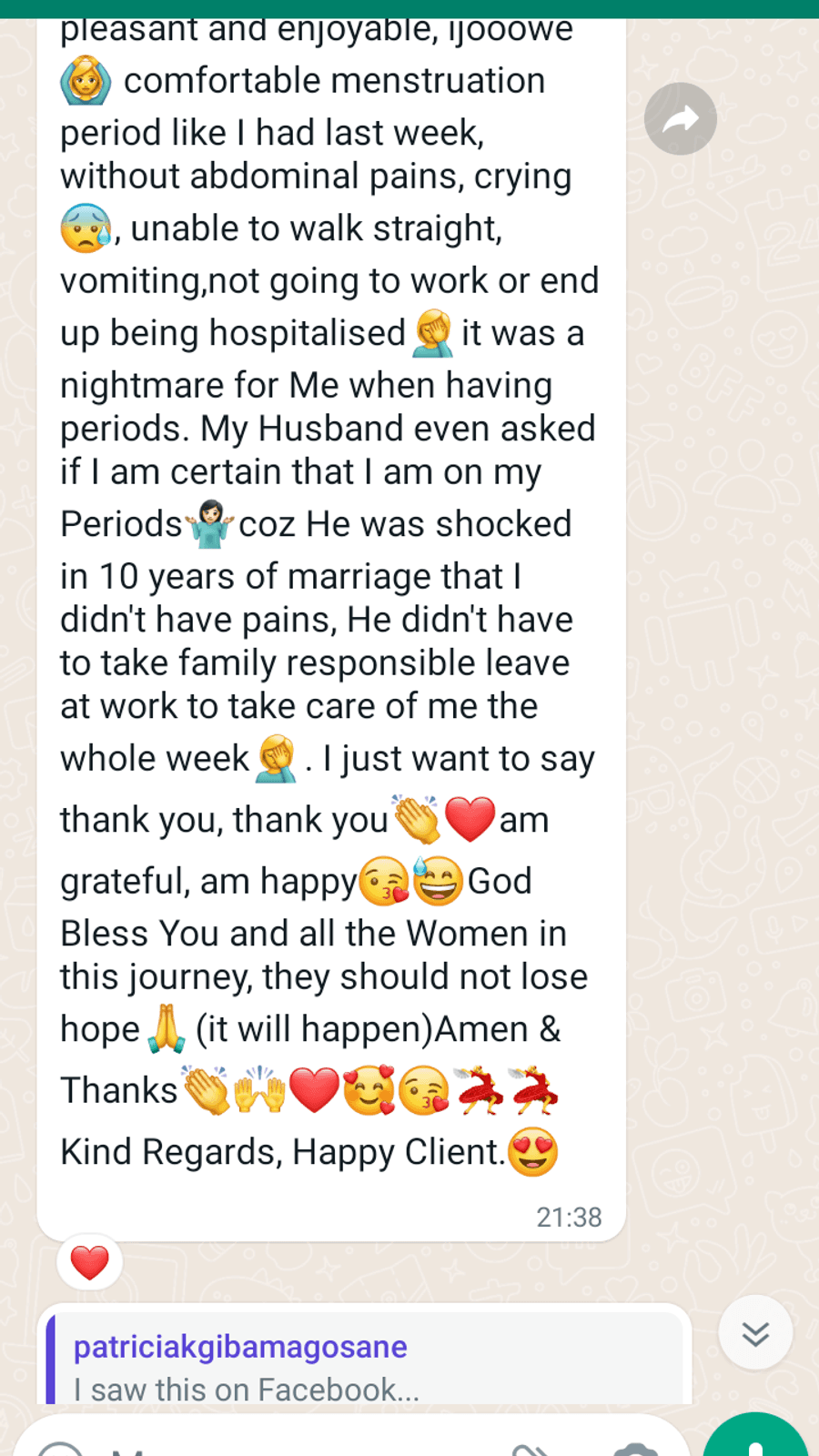 WhatsApp testimonial from a GaiaBerry customer (17)