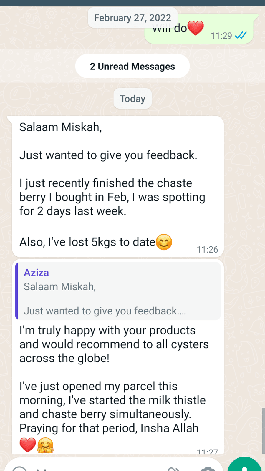 WhatsApp testimonial from a GaiaBerry customer (22)
